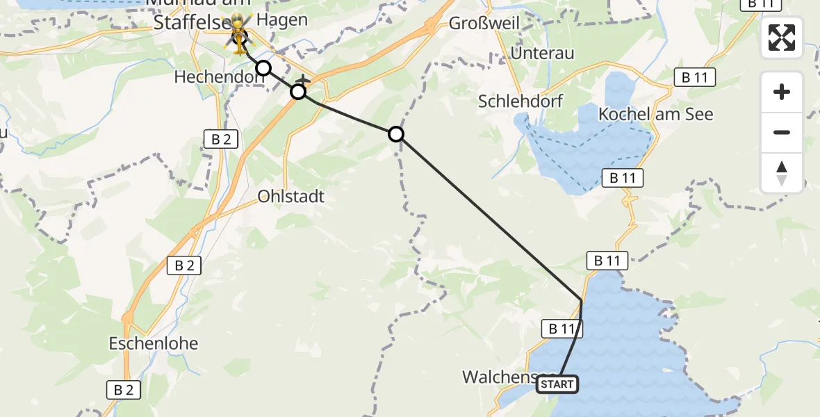Flugroute Rettungshubschrauber Kochel a.See - Murnau Accident Hospital, 21 September 2026, 14:54