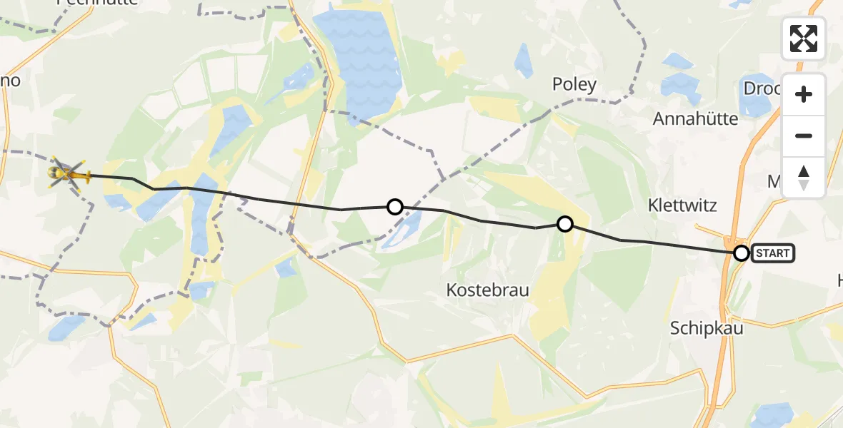 Flugroute Rettungshubschrauber DEKRA Lausitzring Hubschrauberlandeplatz - Gorden-Staupitz, 21 September 2026, 15:23
