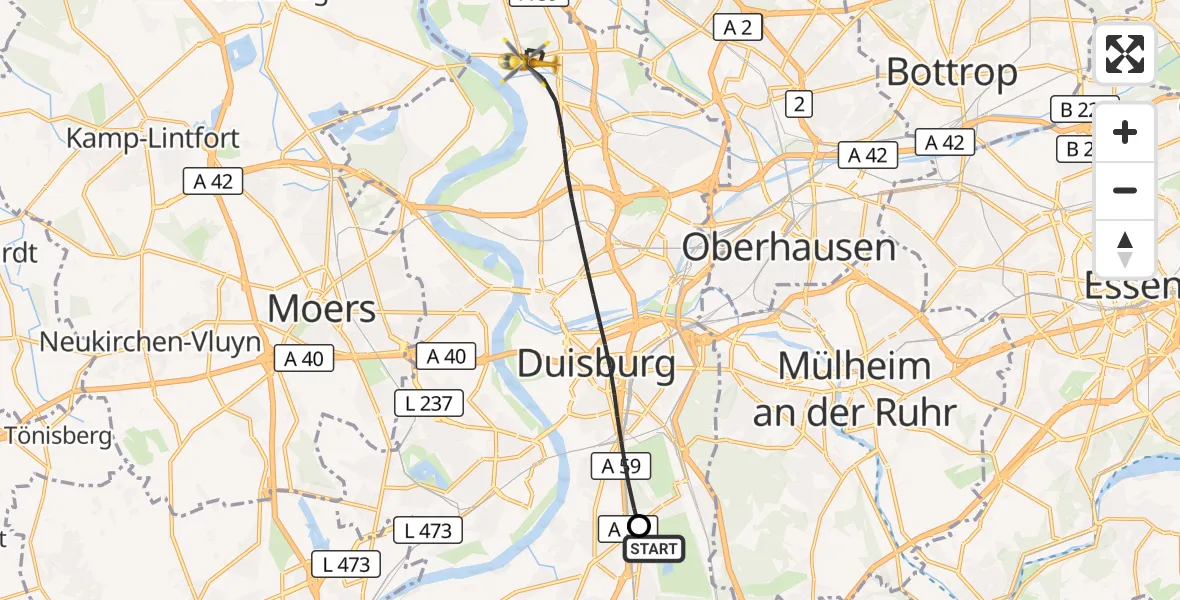 Flugroute Rettungshubschrauber Duisburg Air Rescue Hubschrauberlandeplatz (Christoph 9) - Duisburg, 21 September 2026, 15:24