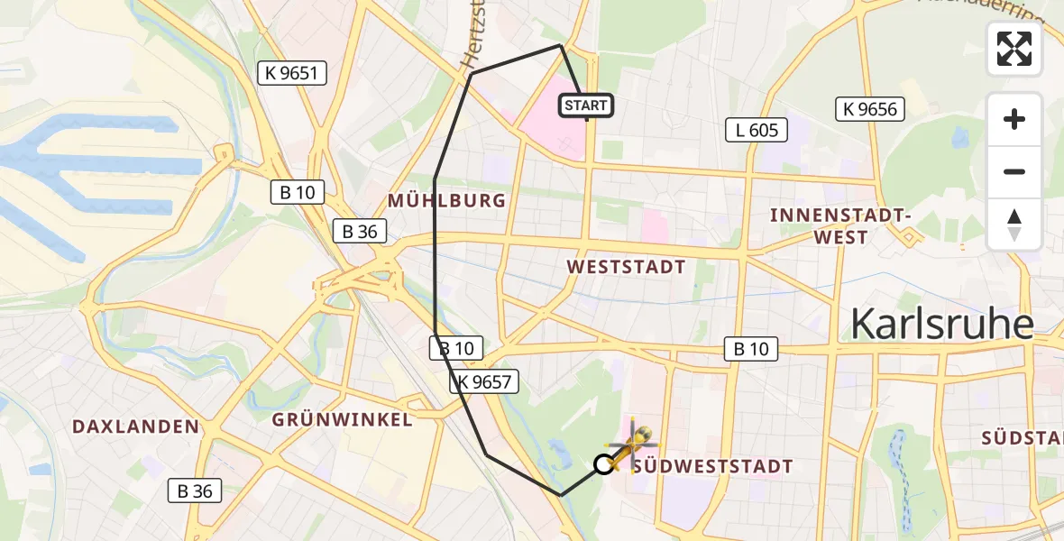 Flugroute Ambulanzhubschrauber Karlsruhe - Sankt Vincentius Hospital, 21 September 2026, 15:25