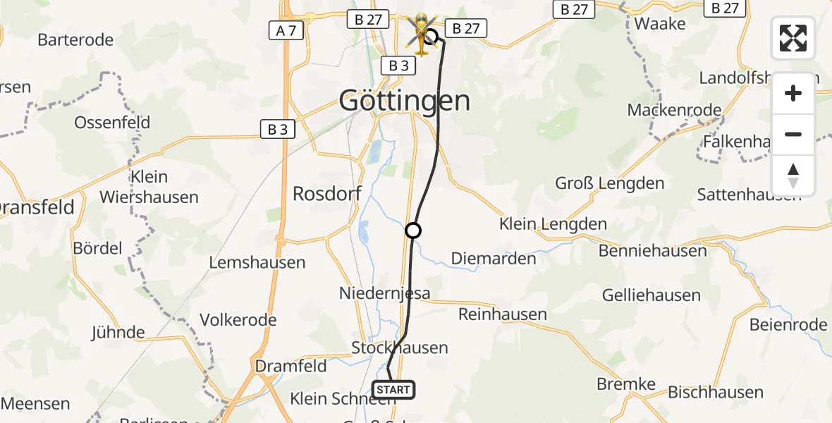 Flugroute Rettungshubschrauber Friedland - Göttingen University Clinic Hubschrauberlandeplatz, 21 September 2026, 15:43
