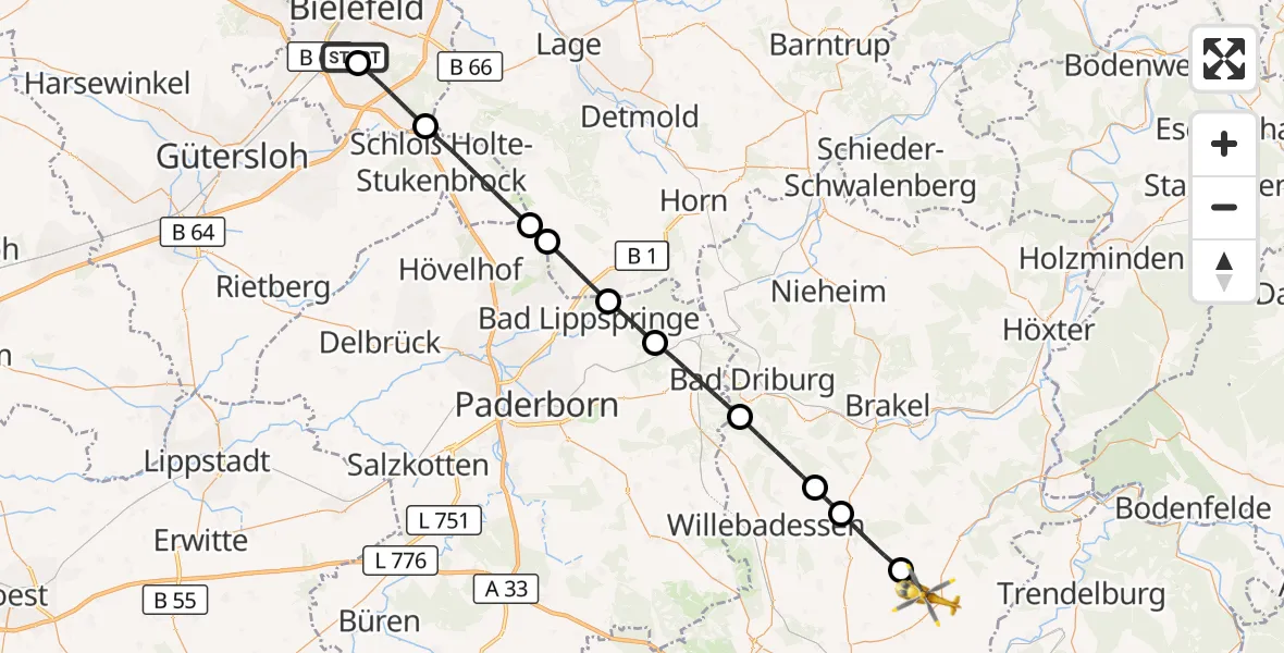 Flugroute Rettungshubschrauber Luftrettungszentrum Bielefeld - Borgentreich, 21 September 2026, 15:47