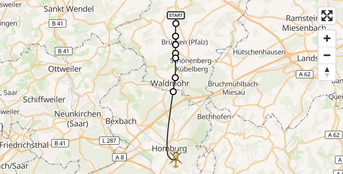 Flugroute Rettungshubschrauber Krottelbach - Homburg, 21 September 2026, 15:53