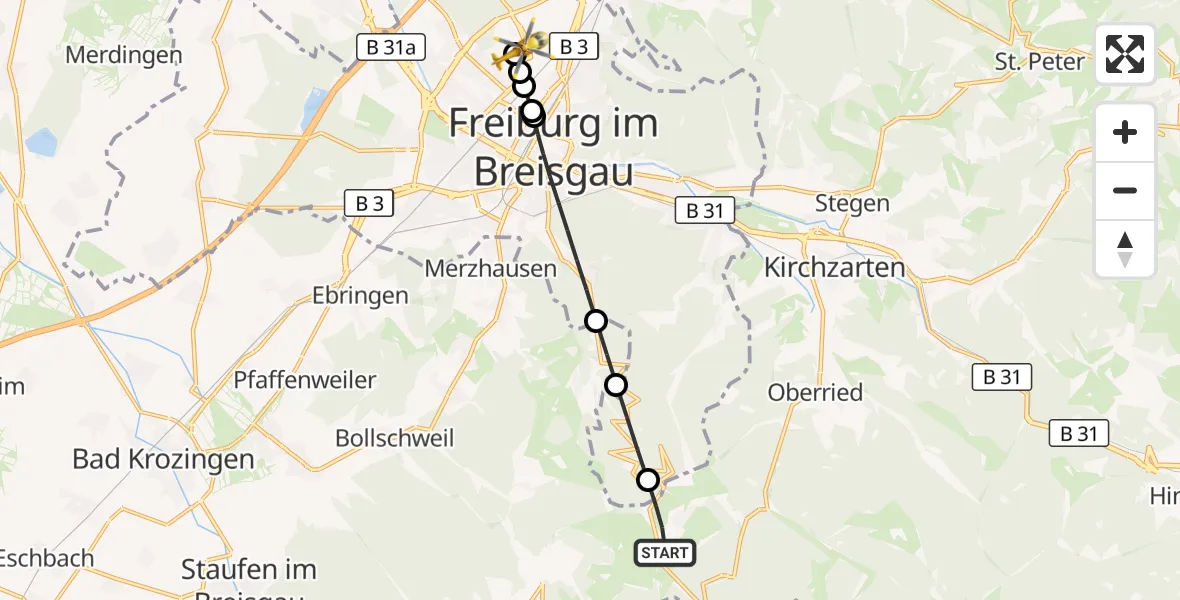 Flugroute Ambulanzhubschrauber Oberried - Freiburg im Breisgau Flugplatz, 21 September 2026, 15:57