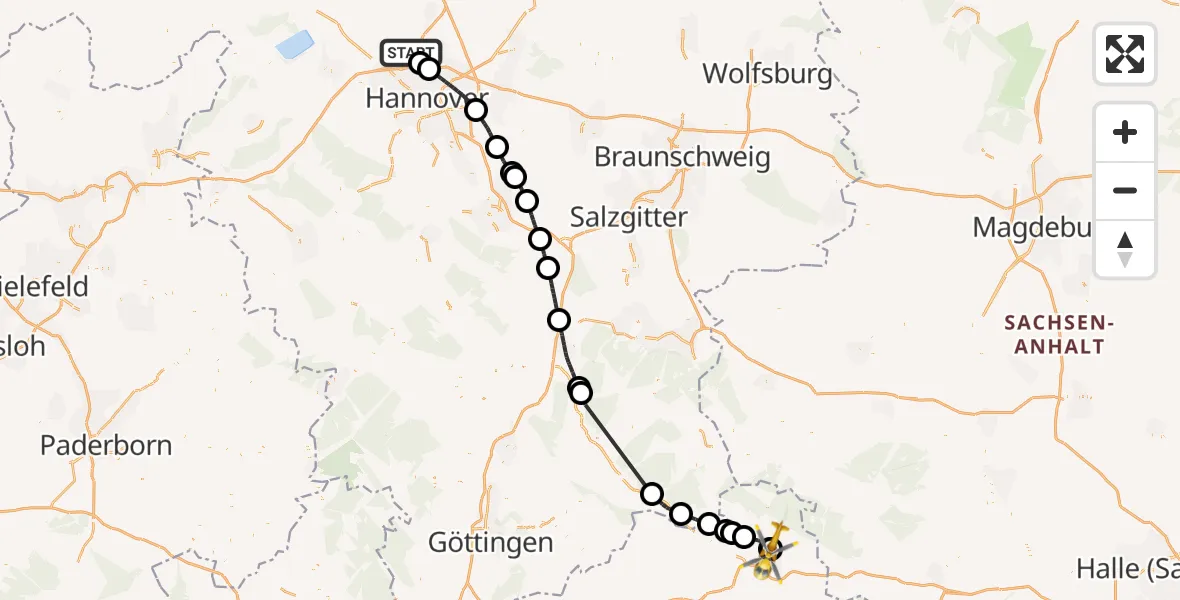 Flugroute Rettungshubschrauber Flughafen Hannover - Südharz Hospital Nordhausen, 21 September 2026, 16:01