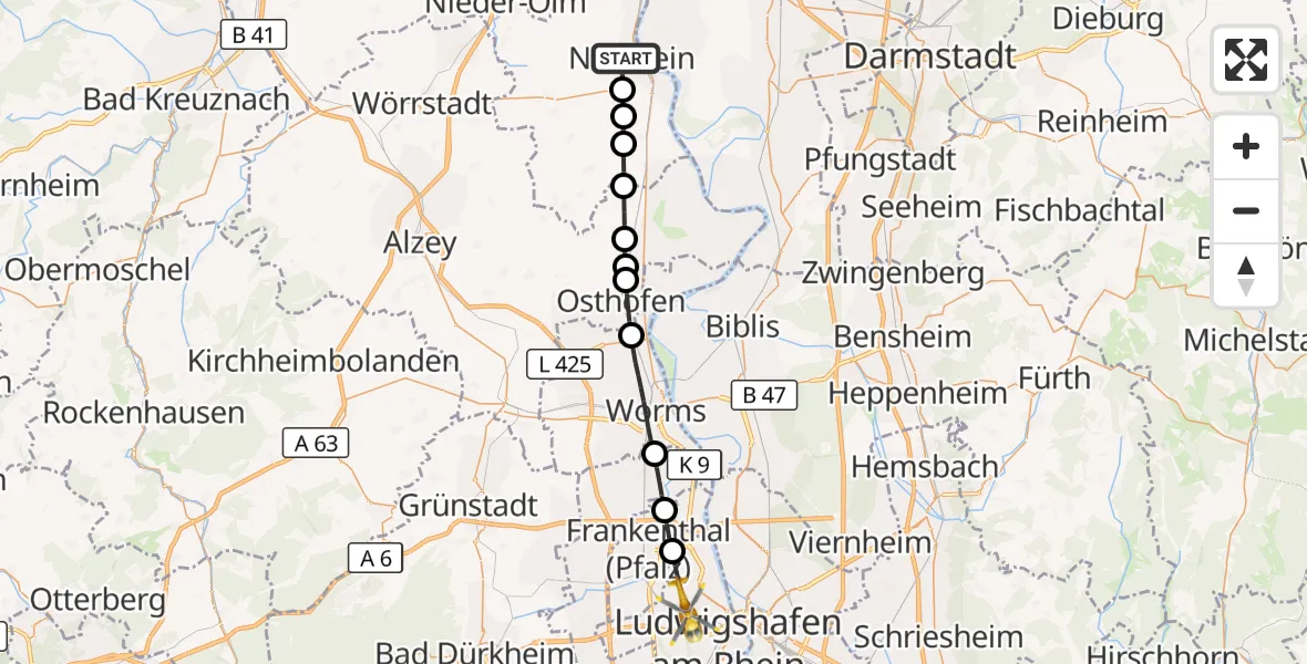 Flugroute Rettungshubschrauber Nierstein - Ludwigshafen am Rhein, 21 September 2026, 16:11