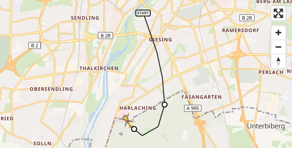 Flugroute Rettungshubschrauber München - ADAC Air Rescue Center Hubschrauberlandeplatz (Christoph 1), 21 September 2026, 16:27