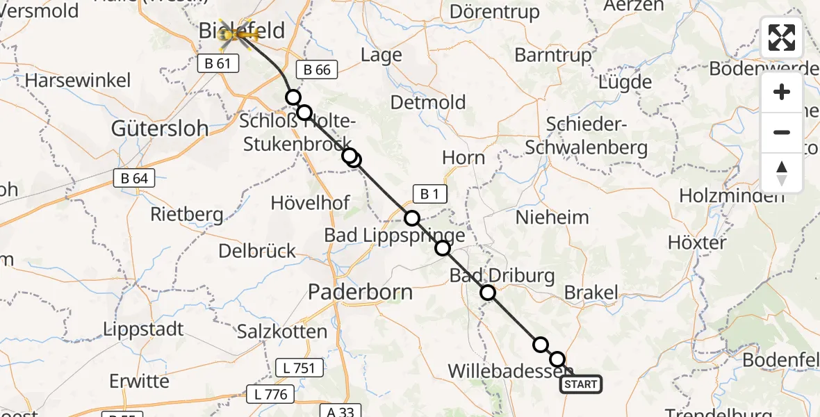 Flugroute Rettungshubschrauber Willebadessen - Bielefeld, 21 September 2026, 16:27