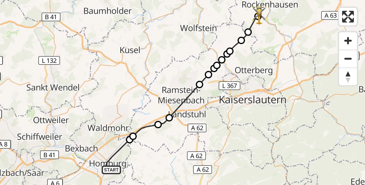 Flugroute Rettungshubschrauber Homburg - Rockenhausen, 21 September 2026, 16:26