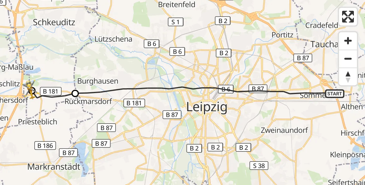 Flugroute Rettungshubschrauber Leipzig - ADAC Air Rescue Station Leipzig/Schkeuditz-Dölzig Hubschrauberlandeplatz (Christoph 61), 21 September 2026, 16:27