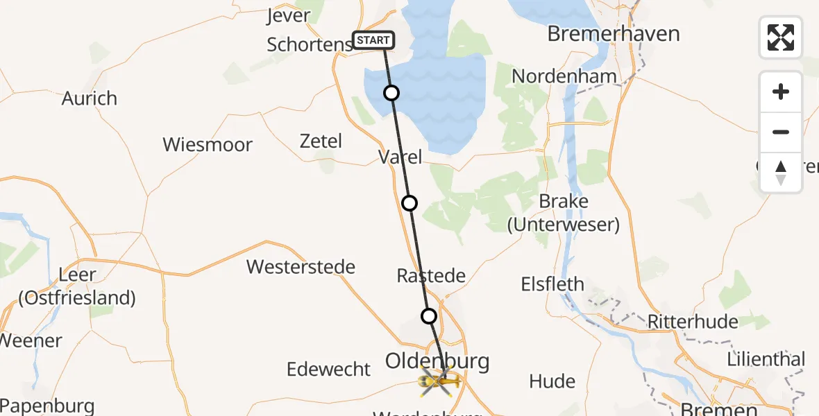 Flugroute Rettungshubschrauber Wilhelmshaven - Oldenburg (Oldb), 21 September 2026, 16:30