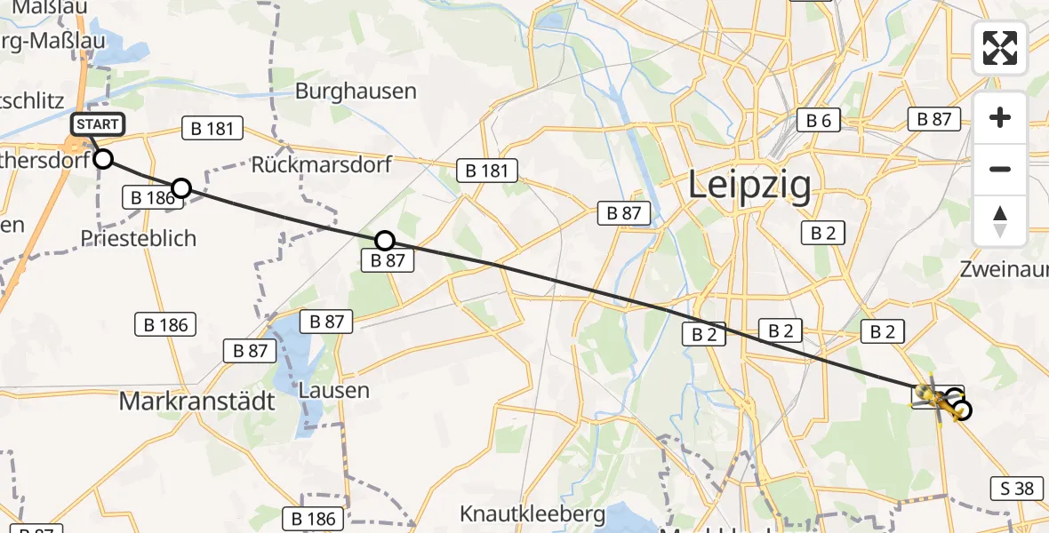 Flugroute Rettungshubschrauber ADAC Air Rescue Station Leipzig/Schkeuditz-Dölzig Hubschrauberlandeplatz (Christoph 61) - Leipzig, 21 September 2026, 16:41