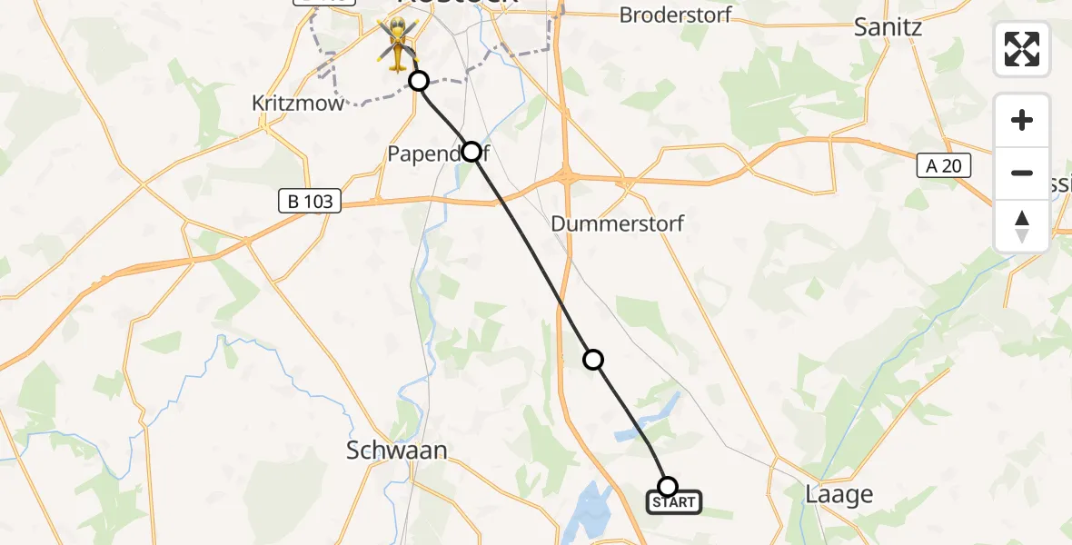 Flugroute Rettungshubschrauber Flughafen Rostock-Laage - Rostock, 21 September 2026, 16:46
