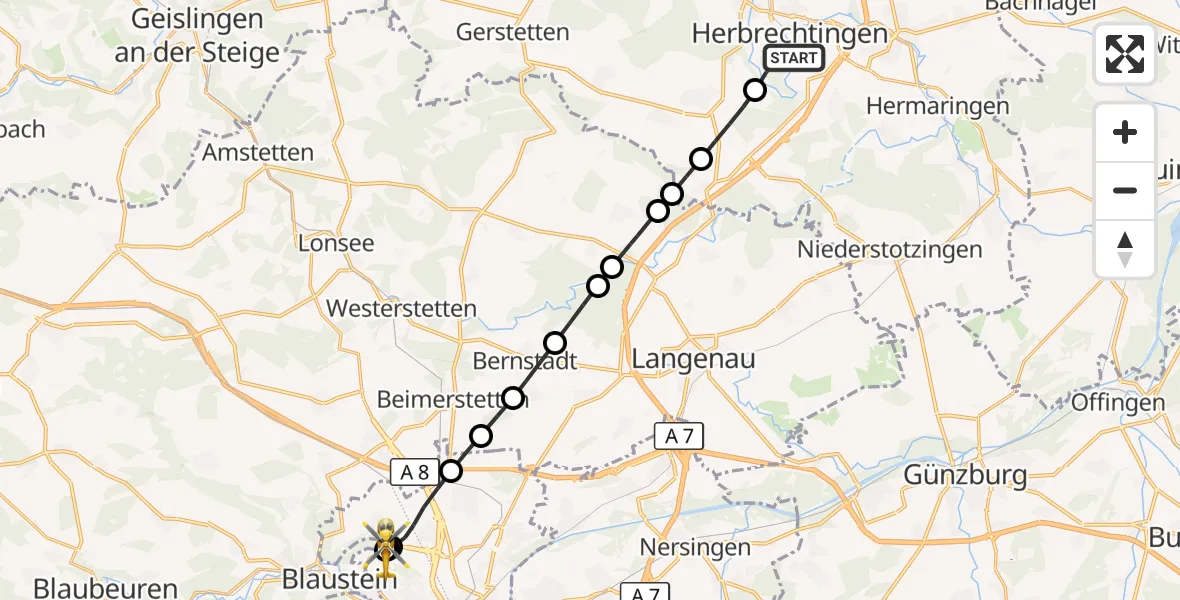 Flugroute Rettungshubschrauber Herbrechtingen - ADAC Air Rescue Station Ulm (Christoph 22), 21 September 2026, 16:48