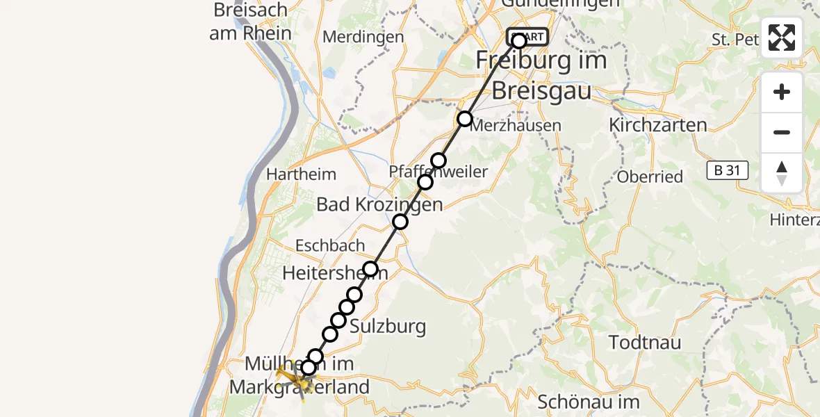 Flugroute Ambulanzhubschrauber Freiburg im Breisgau Flugplatz - Müllheim im Markgräflerland, 21 September 2026, 16:59
