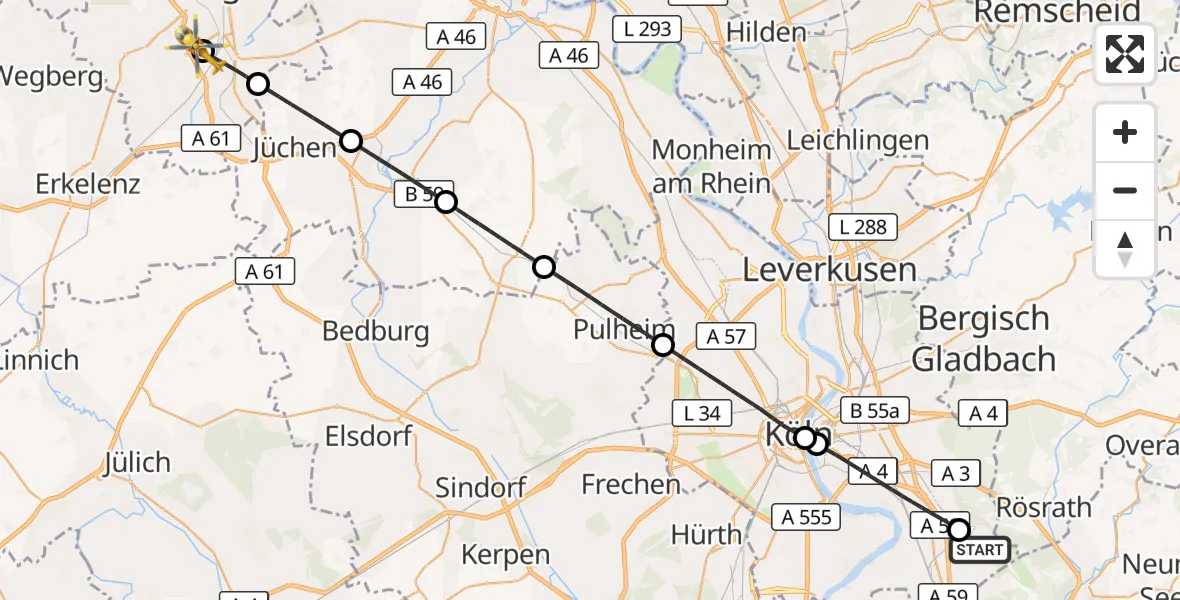 Flugroute Ambulanzhubschrauber Köln Bonn Flughafen - Elisabeth Hospital Rheydt, 21 September 2026, 17:10