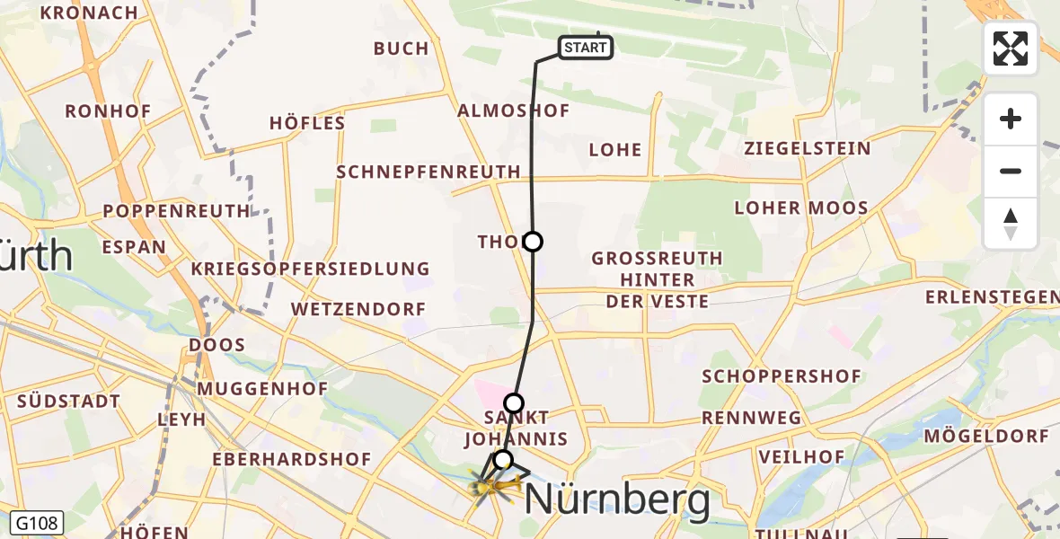 Flugroute Rettungshubschrauber Flughafen Nuremberg - Deutschherrnwiese Hubschrauberlandeplatz, 21 September 2026, 17:13