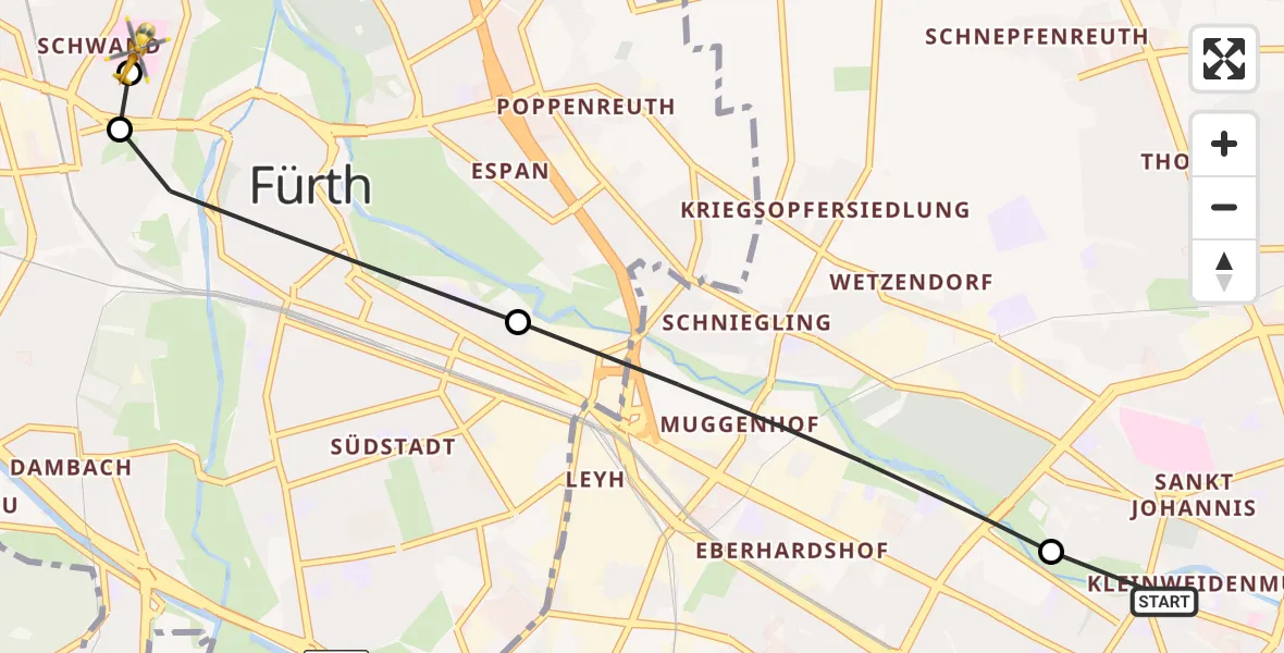 Flugroute Rettungshubschrauber Deutschherrnwiese Hubschrauberlandeplatz - Fürth Hospital, 21 September 2026, 17:39