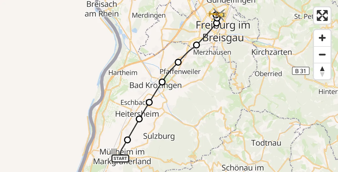 Flugroute Ambulanzhubschrauber Müllheim im Markgräflerland - Freiburg im Breisgau Flugplatz, 21 September 2026, 17:49