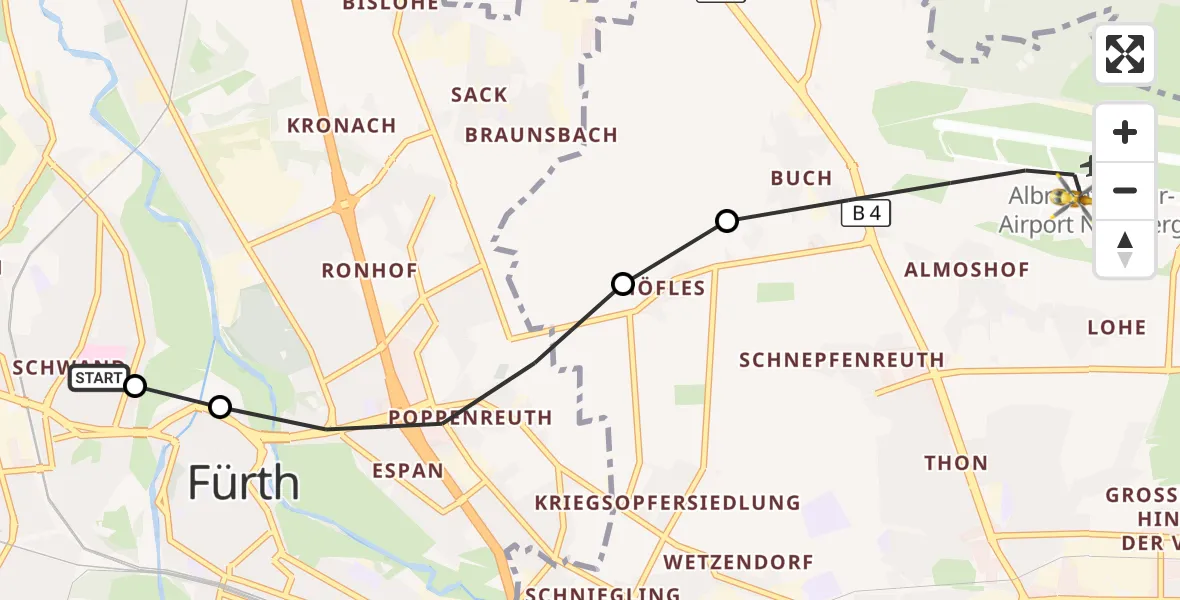 Flugroute Rettungshubschrauber Fürth Hospital - Flughafen Nuremberg, 21 September 2026, 17:55