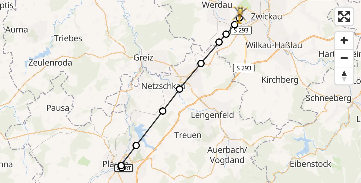 Flugroute Rettungshubschrauber Helios Clinic Plauen - ADAC Air Rescue Station Zwickau Hubschrauberlandeplatz, 21 September 2026, 18:02