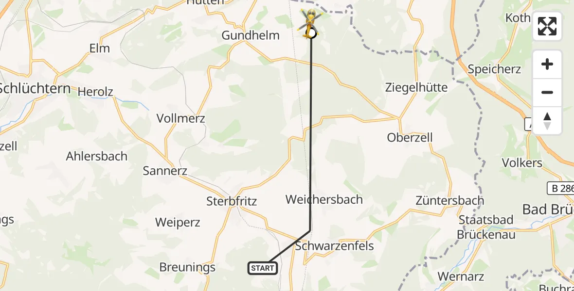 Flugroute Rettungshubschrauber Sinntal - Schlüchtern, 21 September 2026, 18:06