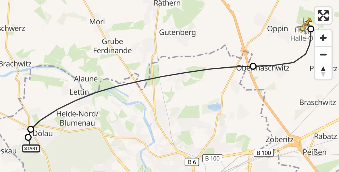Flugroute Rettungshubschrauber Martha-Maria Halle-Dölau Hospital - Halle-Oppin Flugplatz, 21 September 2026, 18:14