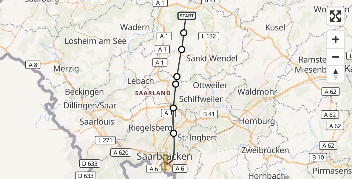 Flugroute Rettungshubschrauber Nohfelden - Saarbrücken, 21 September 2026, 18:27
