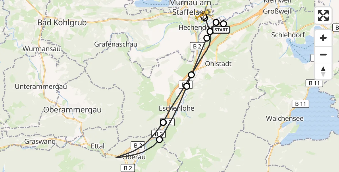 Flugroute Rettungshubschrauber Ohlstadt Flugplatz - Murnau Accident Hospital, 21 September 2026, 18:44