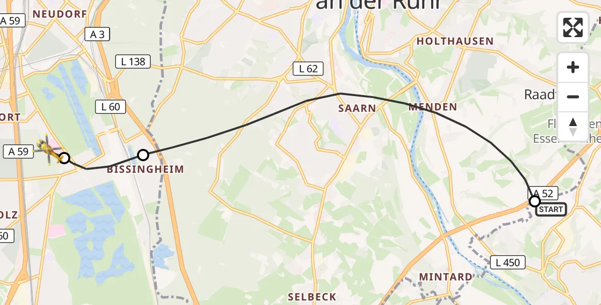 Flugroute Rettungshubschrauber Essen - Sana Clinic Duisburg Hubschrauberlandeplatz, 21 September 2026, 19:07