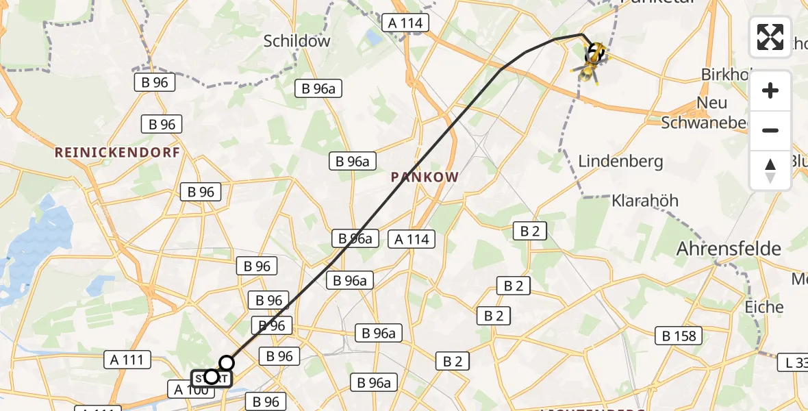 Flugroute Rettungshubschrauber Charité Clinic Virchow Campus - Helios Clinic Berlin-Buch, 21 September 2026, 19:08