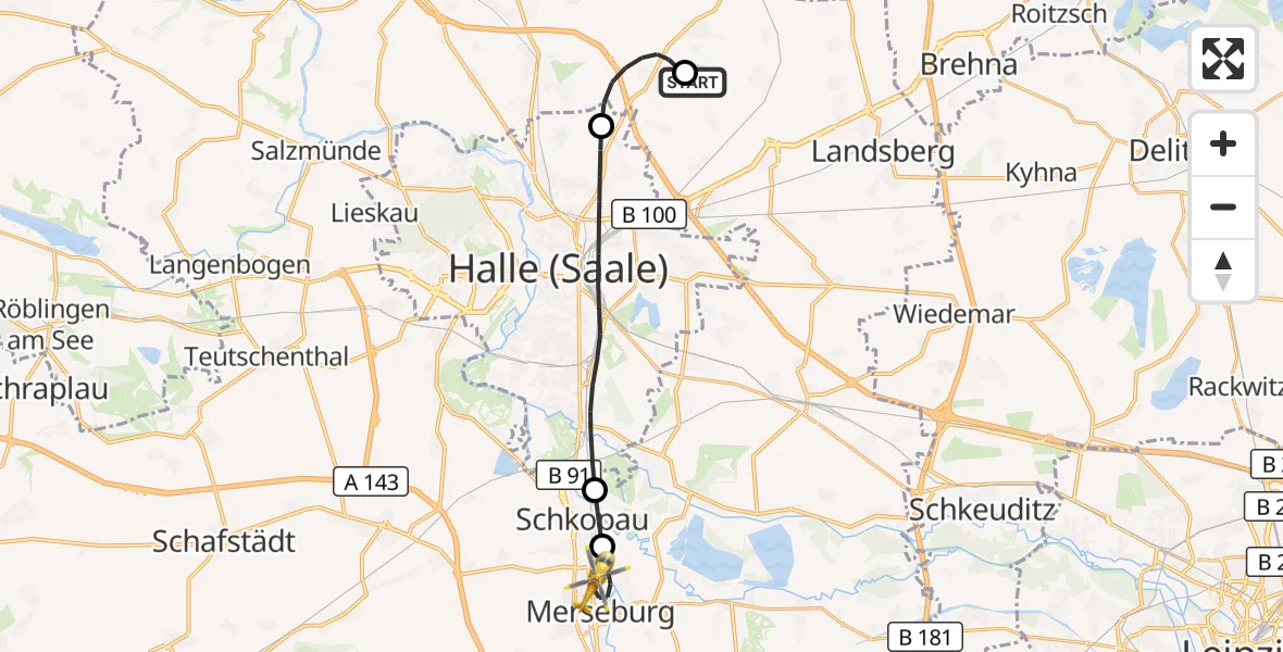 Flugroute Rettungshubschrauber Halle-Oppin Flugplatz - Merseburg, 21 September 2026, 19:16
