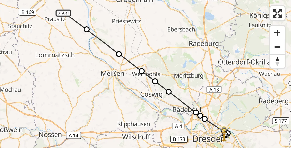 Flugroute Rettungshubschrauber Hirschstein - Dresden University Hospital, 21 September 2026, 19:48