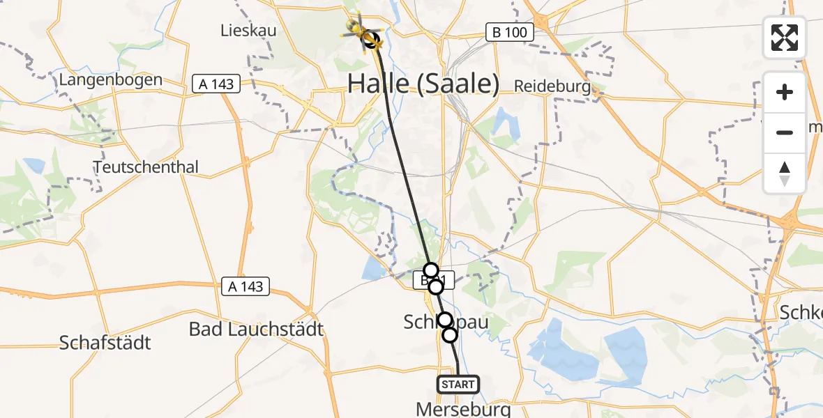 Flugroute Rettungshubschrauber Merseburg - Halle (Saale) University Hospital, 21 September 2026, 19:48