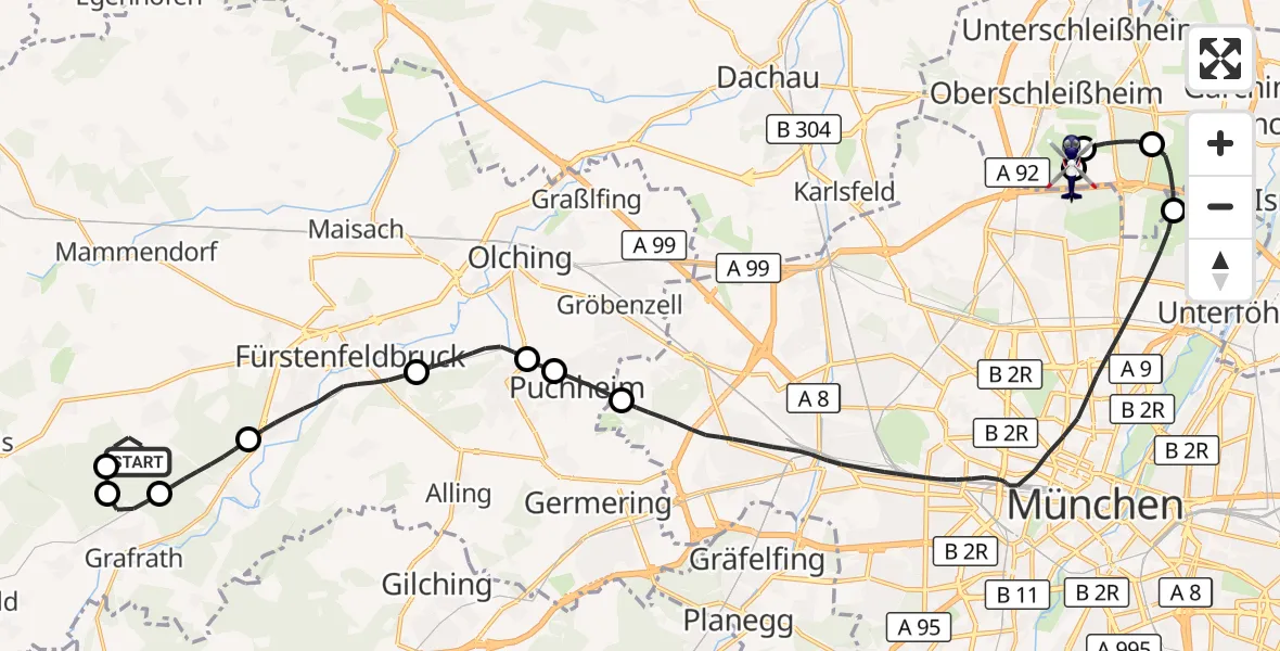 Flugroute Polizeihubschrauber Landsberied - Oberschleißheim, 21 September 2026, 20:09