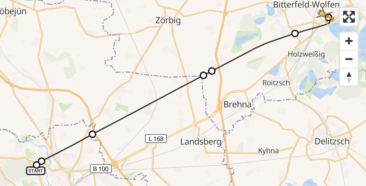Flugroute Rettungshubschrauber Halle (Saale) University Hospital - Bitterfield-Wolfen Health Center Hubschrauberlandeplatz, 21 September 2026, 20:32