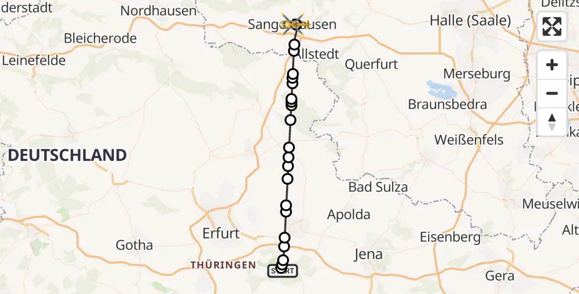 Flugroute Ambulanzhubschrauber Bad Berka Central Hospital - Helios Clinic Mansfeld-Südharz, 21 September 2026, 20:50