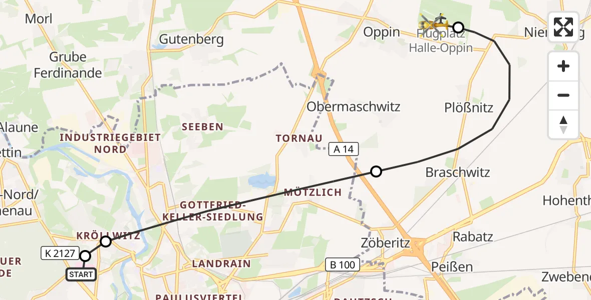 Flugroute Rettungshubschrauber Halle (Saale) University Hospital - Halle-Oppin Flugplatz, 21 September 2026, 21:35