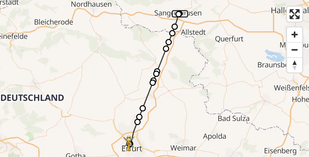 Flugroute Ambulanzhubschrauber Helios Clinic Mansfeld-Südharz - Helios Clinic Erfurt, 21 September 2026, 21:44