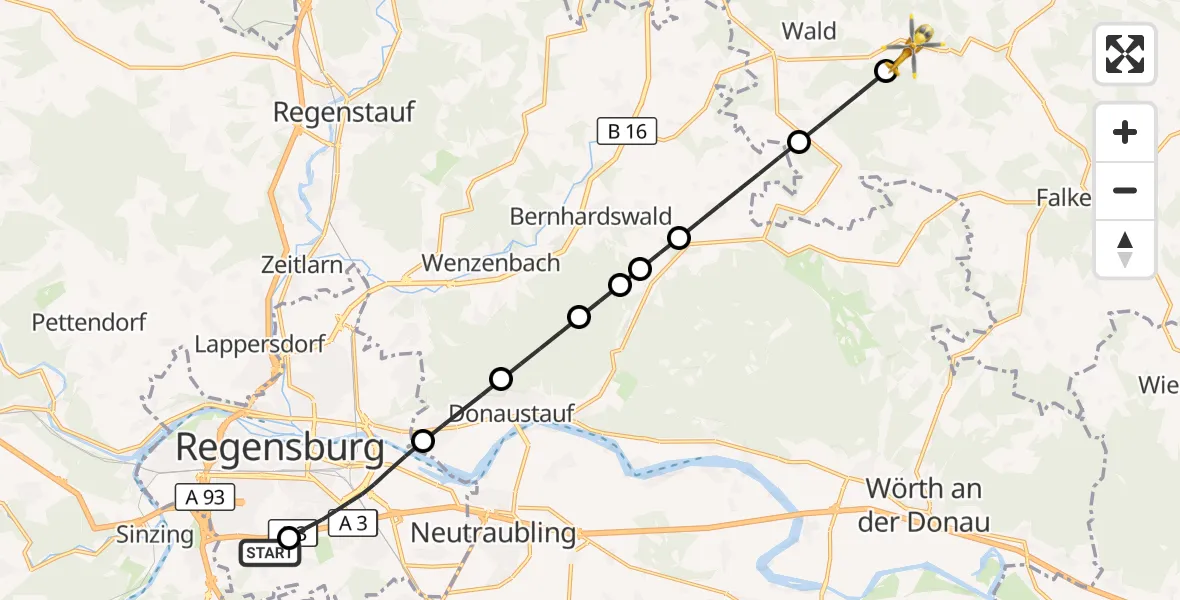 Flugroute Rettungshubschrauber DRF Air Rescue Station Regensburg / Regensburg University Hospital - Zell, 21 September 2026, 23:00