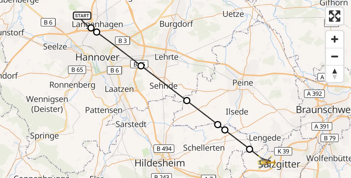 Flugroute Rettungshubschrauber Flughafen Hannover - Salzgitter, 21 September 2026, 23:06
