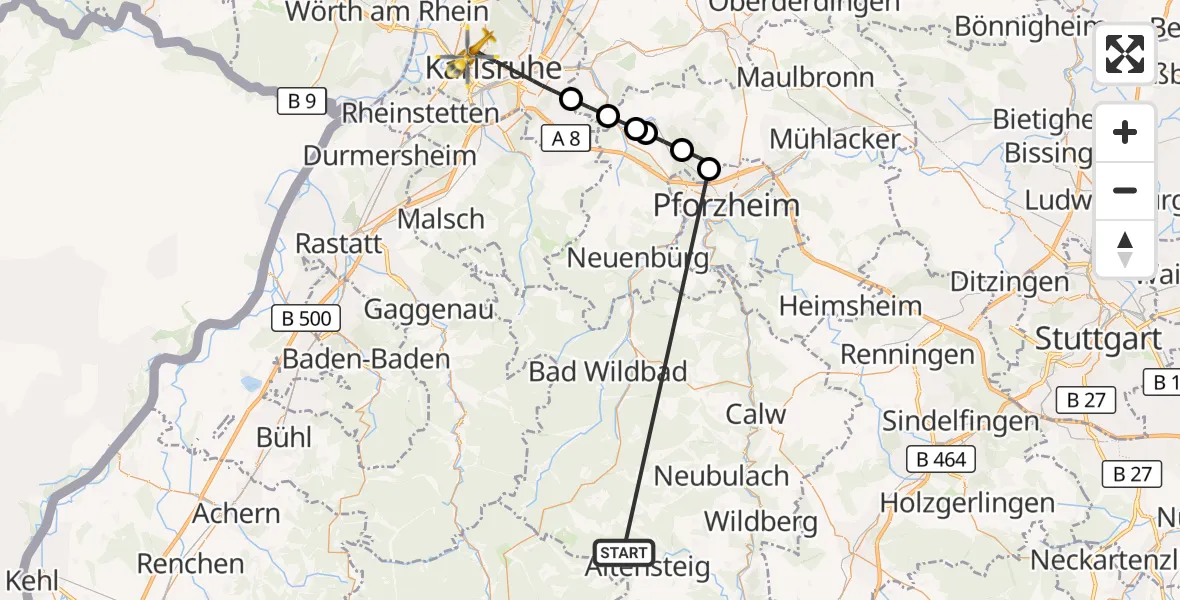 Flugroute Ambulanzhubschrauber Altensteig - Karlsruhe, 21 September 2026, 23:28