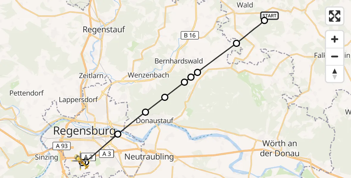 Flugroute Rettungshubschrauber Zell - DRF Air Rescue Station Regensburg / Regensburg University Hospital, 21 September 2026, 23:37