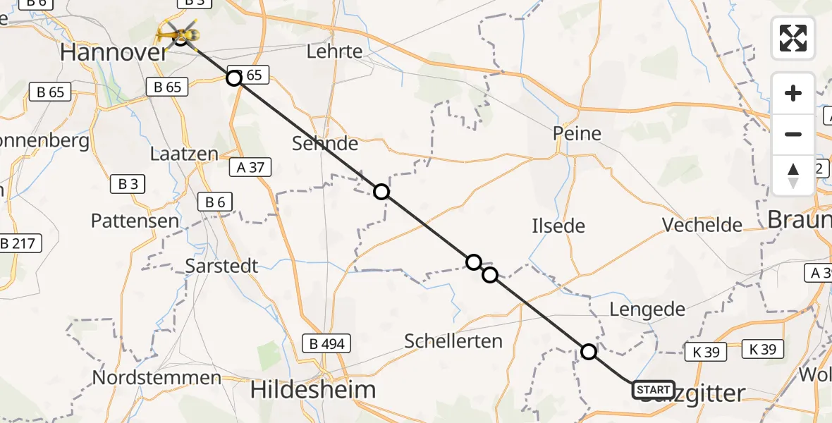 Flugroute Rettungshubschrauber Salzgitter - Hannover Luftrettung Hubschrauberlandeplatz (Christoph 4), 21 September 2026, 23:52