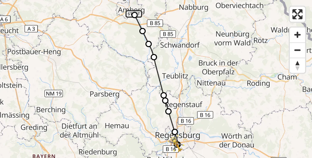 Flugroute Rettungshubschrauber Amberg - DRF Air Rescue Station Regensburg / Regensburg University Hospital, 22 September 2026, 01:06