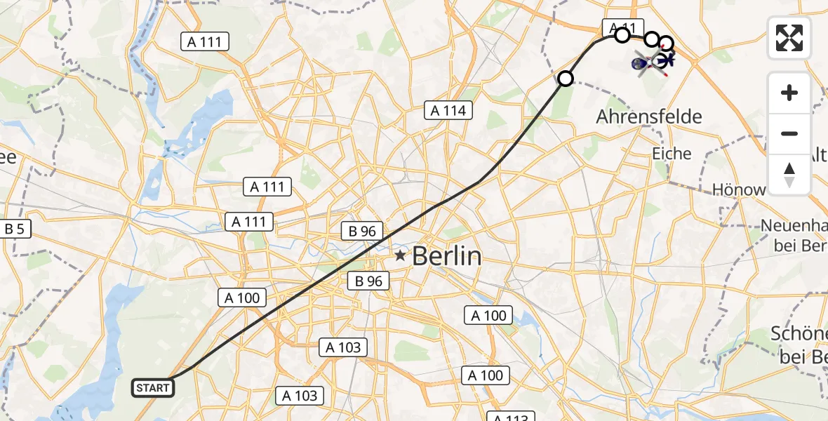 Flugroute Polizeihubschrauber Berlin - Ahrensfelde Hubschrauberlandeplatz, 22 September 2026, 04:01