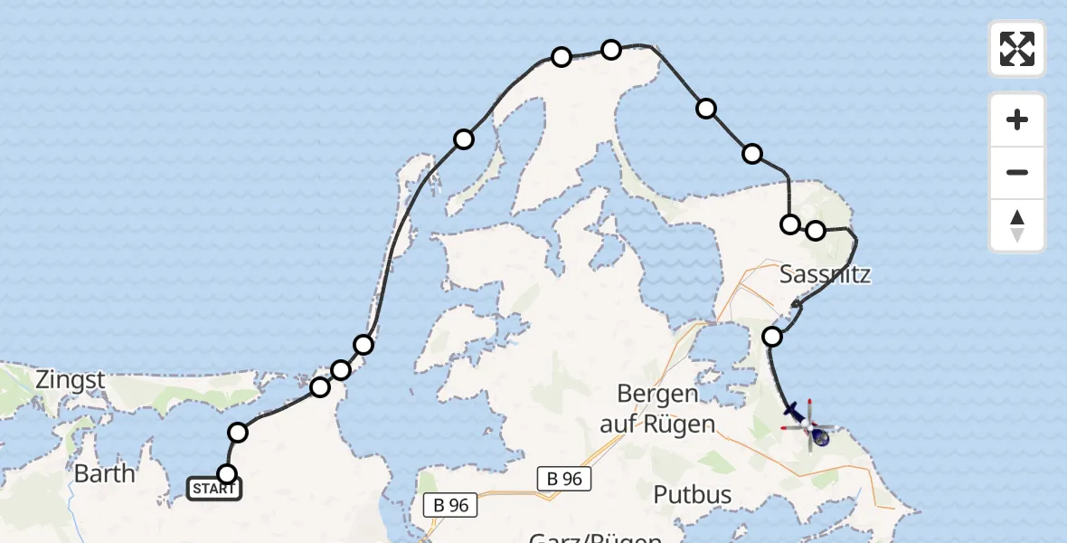 Flugroute Polizeihubschrauber Niepars - Binz, 22 September 2026, 04:02