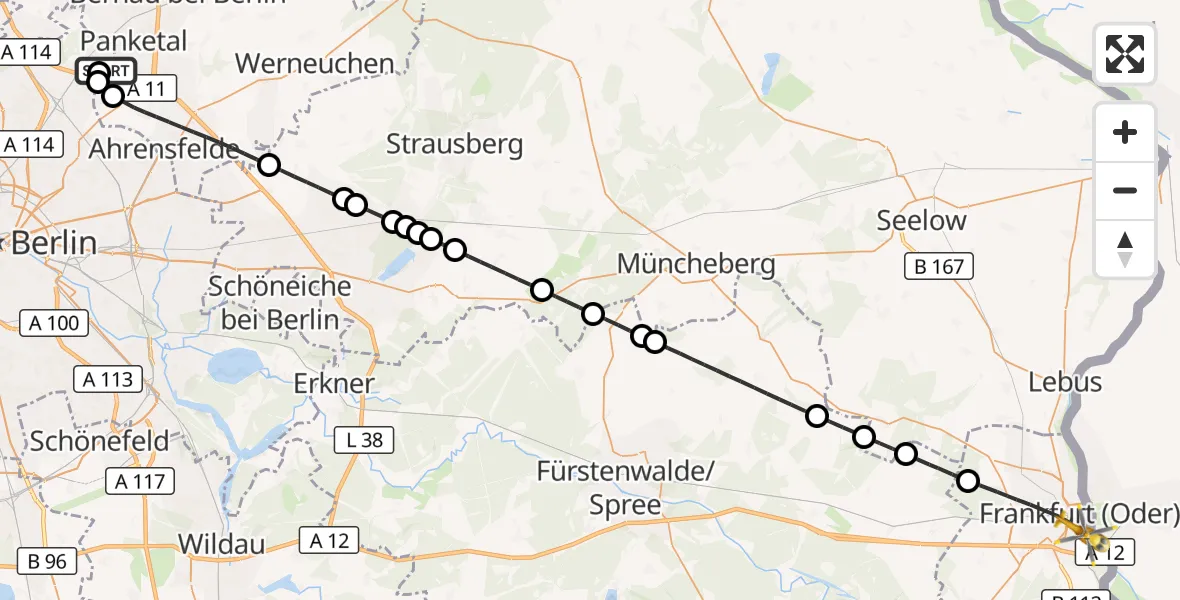 Flugroute Rettungshubschrauber Helios Clinic Berlin-Buch - Frankfurt (Oder), 22 September 2026, 04:48