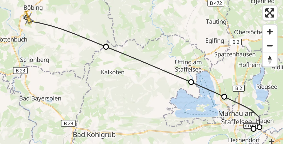 Flugroute Rettungshubschrauber Murnau Accident Hospital - Böbing, 22 September 2026, 05:22