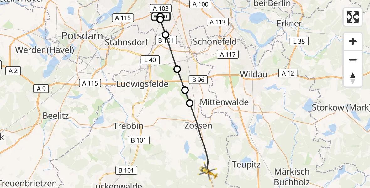 Flugroute Rettungshubschrauber Charité Clinic Benjamin Franklin Campus - Zossen, 22 September 2026, 05:36